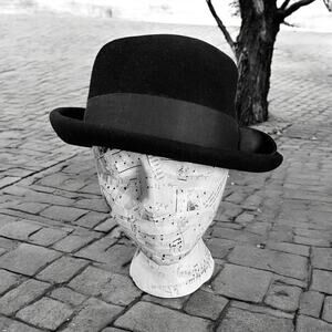 Vintage Black Hat-Henry Pollak NY-100% Wool-1940s-Breton-Bowler-Asymmetrical